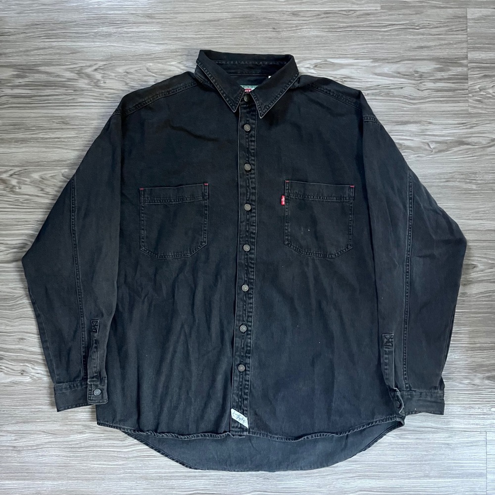 Levis Vintage Denim Button Down Shirt XXL Black Faded Long Sleeve Workwear